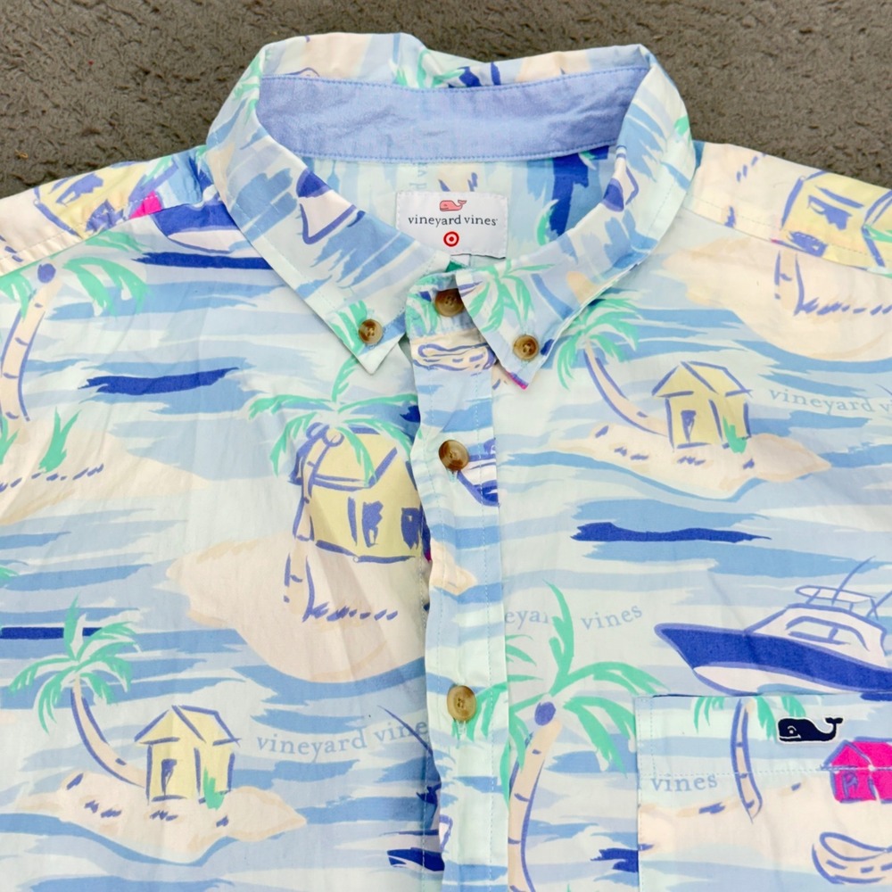 Vineyard Vines Shirt Mens M Blue Tropical Island Print Short Sleeve Button Down